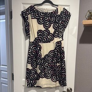 Eliza J Cream and Blue Sheath Dress with Dolman Sleeves